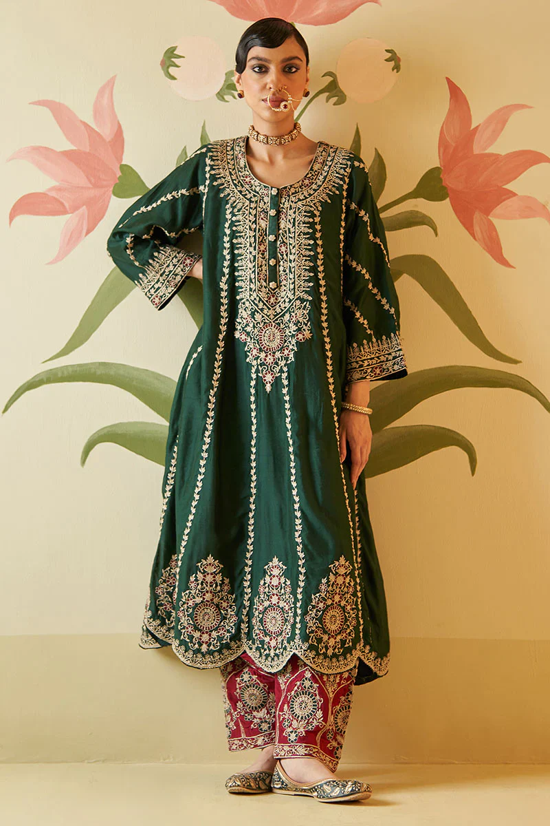 Green Chanderi Silk Choga Set