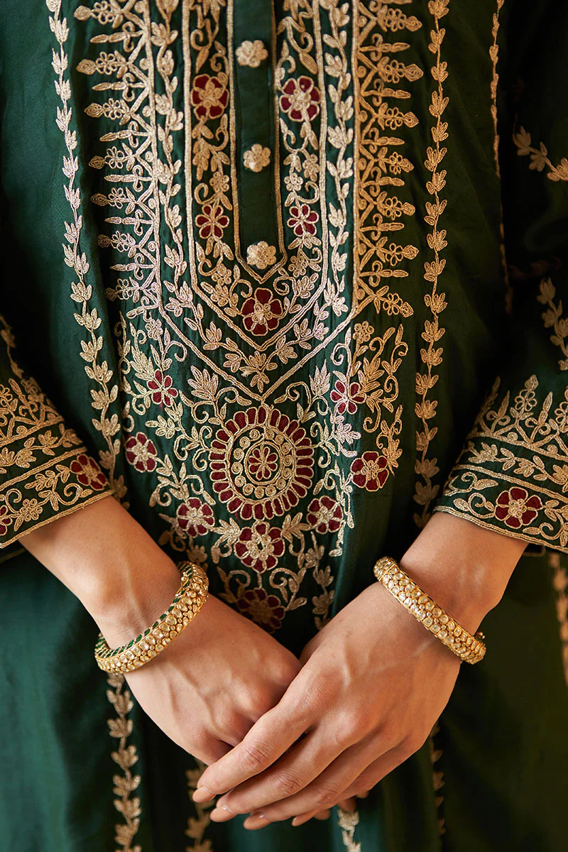 Green Chanderi Silk Choga Set - Image 11