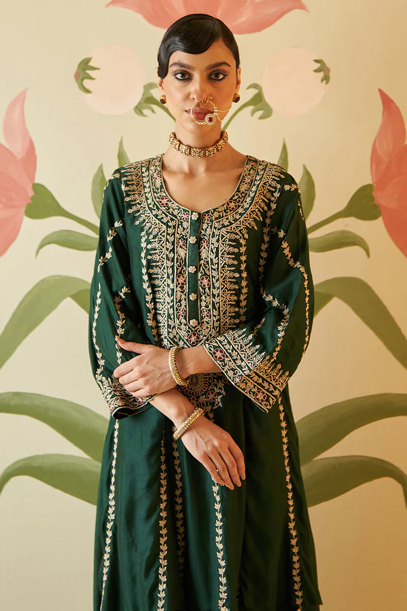 Green Chanderi Silk Choga Set - Image 12