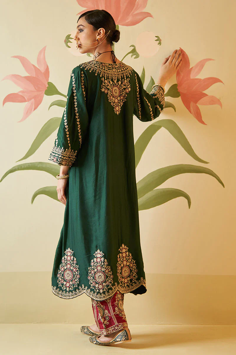 Green Chanderi Silk Choga Set - Image 14