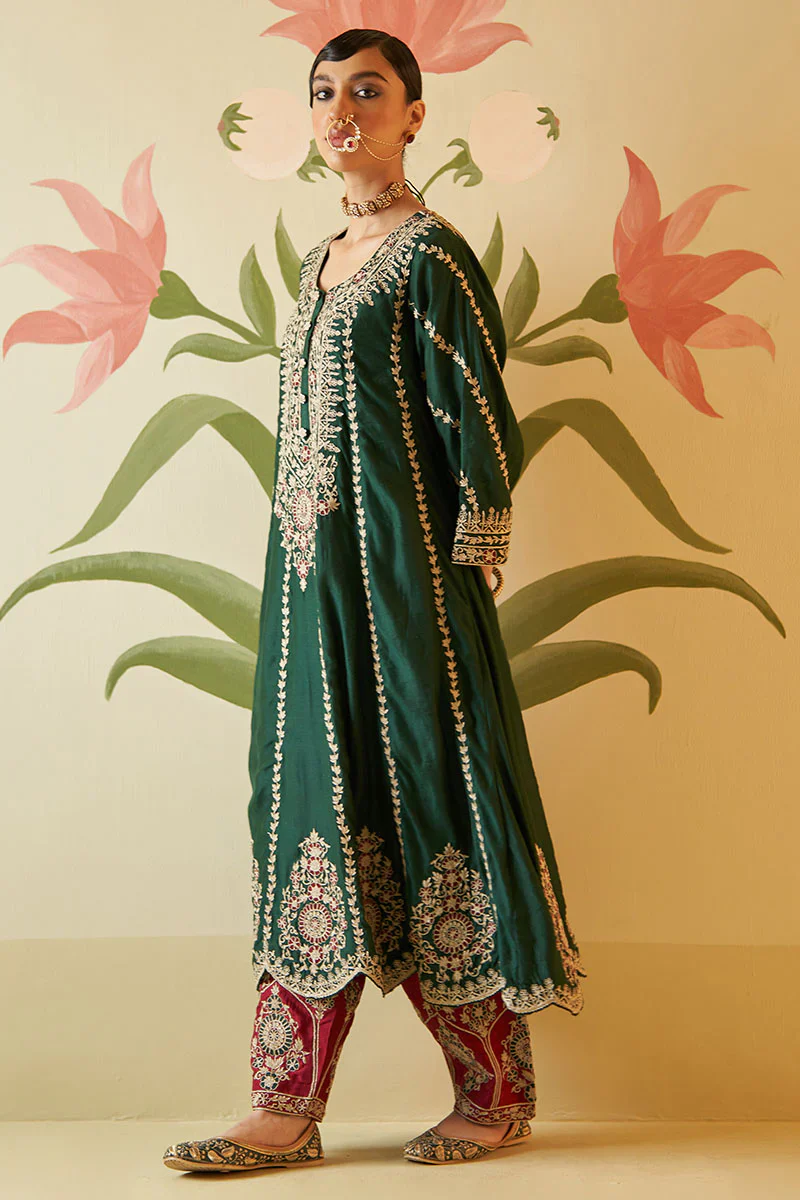 Green Chanderi Silk Choga Set - Image 15