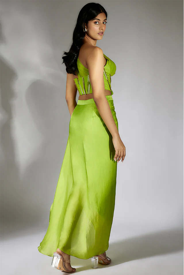 Green Embroidered Ruched Top with Drape Skirt - Image 3