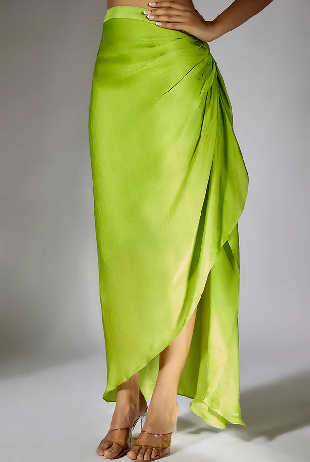 Green Embroidered Ruched Top with Drape Skirt - Image 4