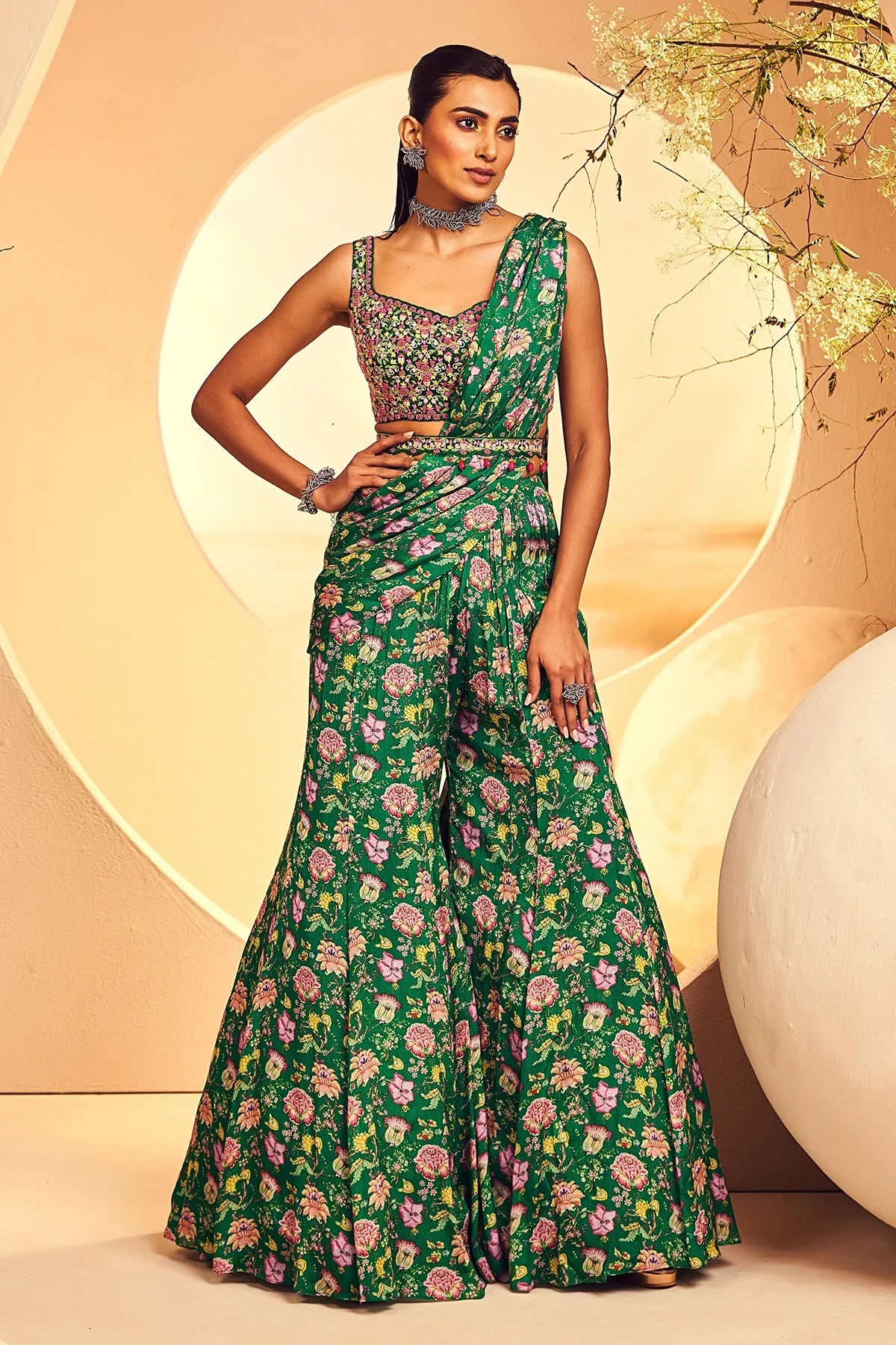 Green Emerald Sharara Saree