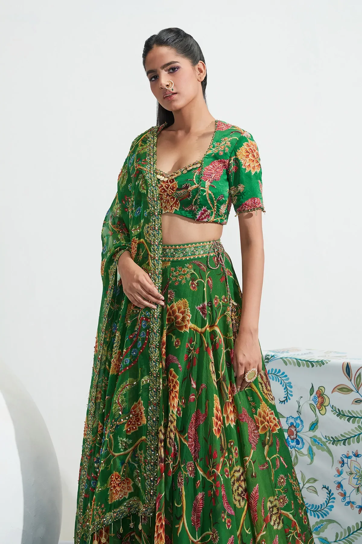 Green Georgette Sarah Floral Print Lehenga Set - Image 3