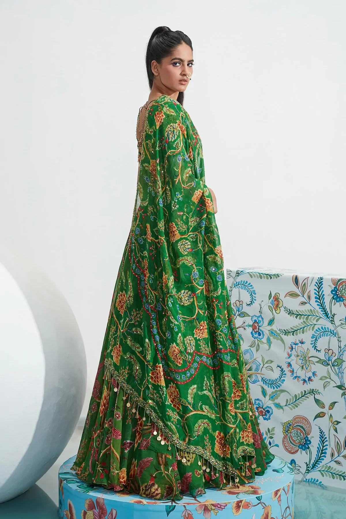 Green Georgette Sarah Floral Print Lehenga Set - Image 4