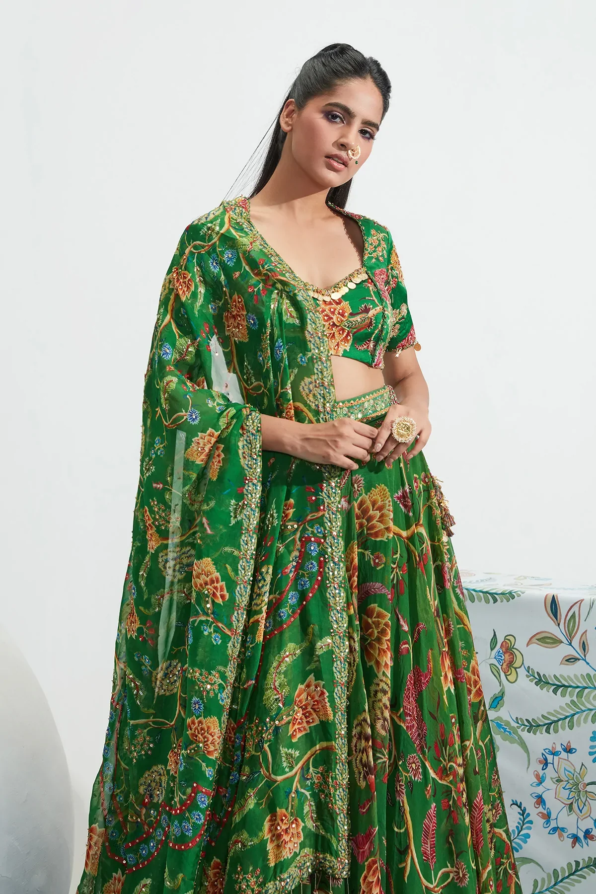 Green Georgette Sarah Floral Print Lehenga Set - Image 5