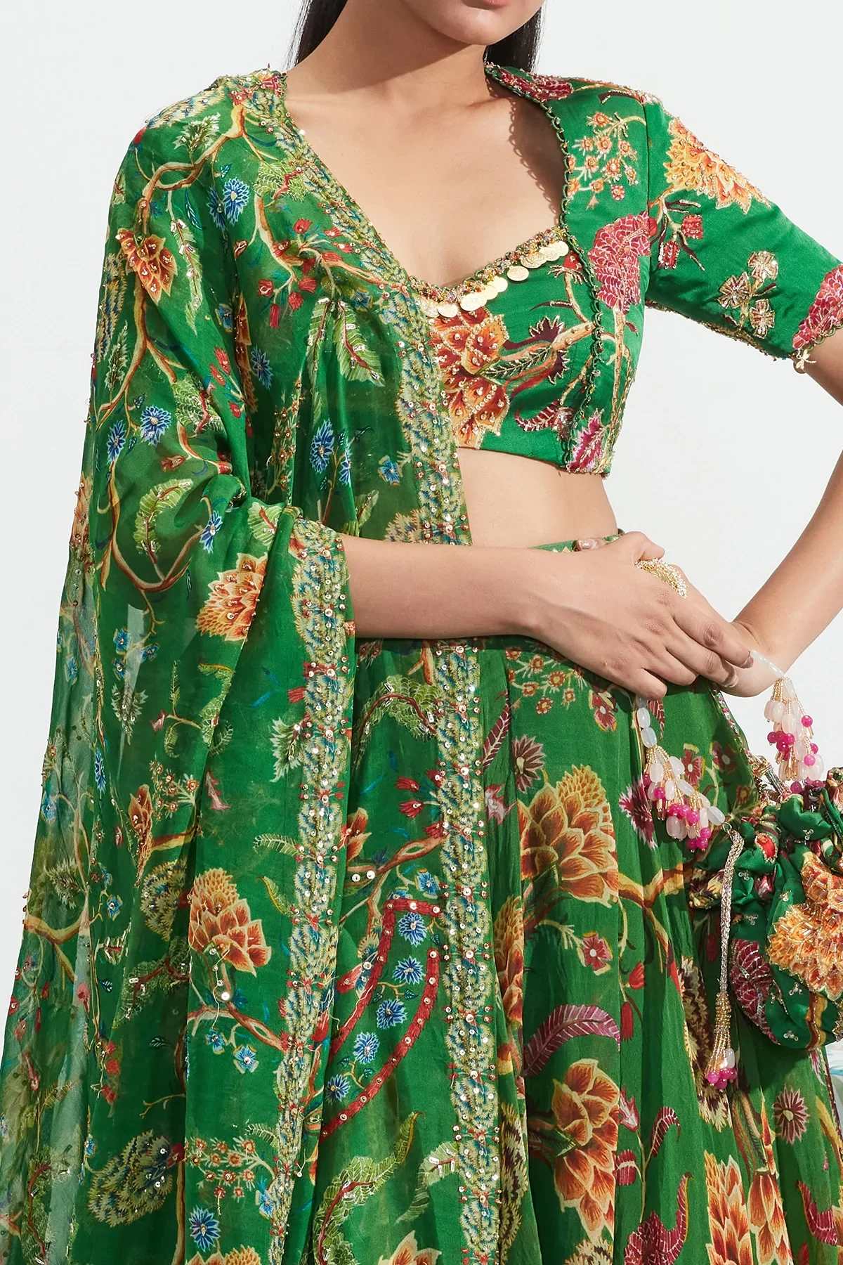 Green Georgette Sarah Floral Print Lehenga Set - Image 6