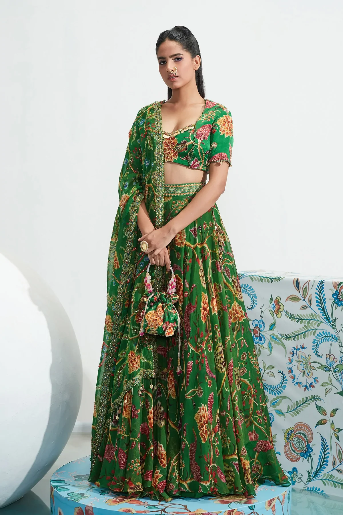 Green Georgette Sarah Floral Print Lehenga Set - Image 7