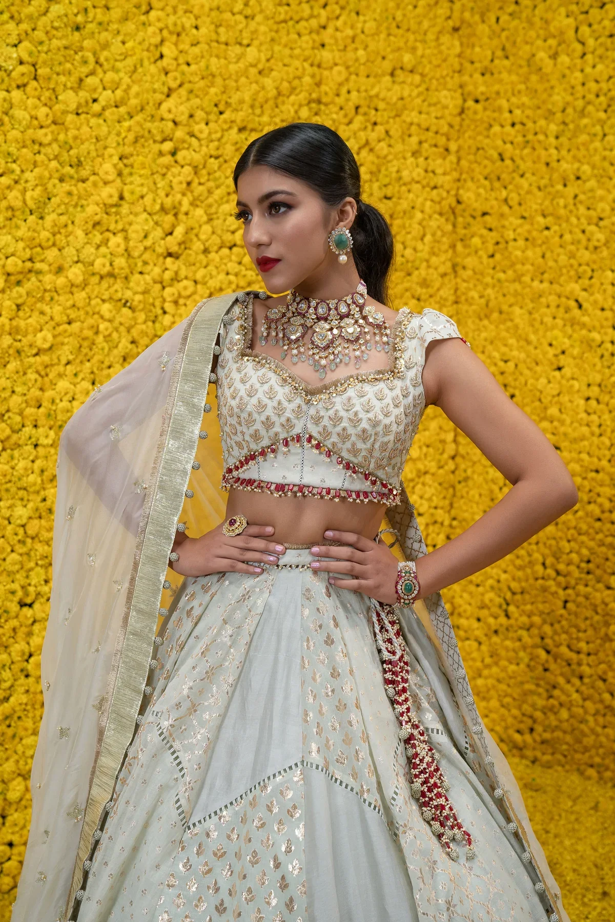 Green Inaya Banarasi Chanderi Lehenga Set - Image 3