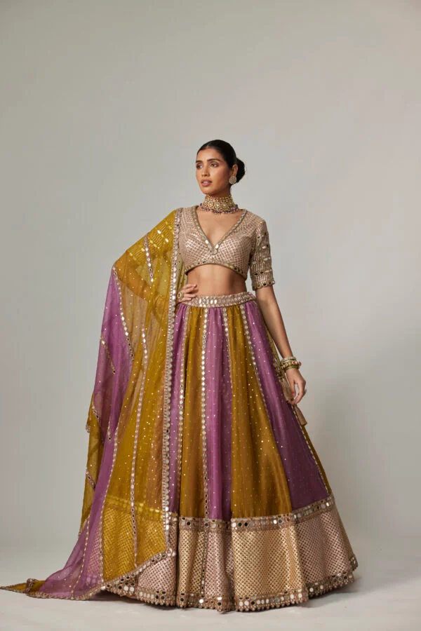 Green Multicolour Sequin Scattered Lehenga With V-Neck Elbow Sleeve Blouse