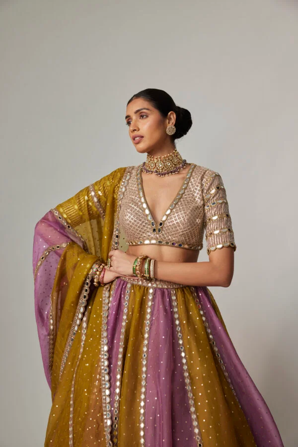 Green Multicolour Sequin Scattered Lehenga With V-Neck Elbow Sleeve Blouse - Image 2