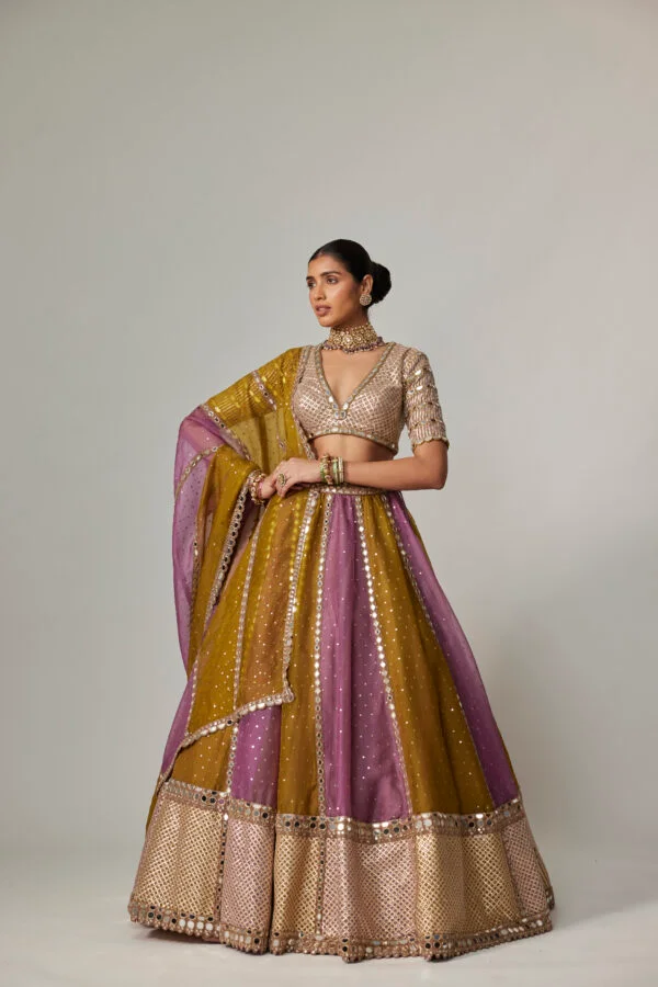 Green Multicolour Sequin Scattered Lehenga With V-Neck Elbow Sleeve Blouse - Image 3