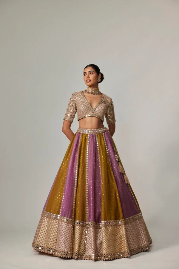 Green Multicolour Sequin Scattered Lehenga With V-Neck Elbow Sleeve Blouse - Image 4
