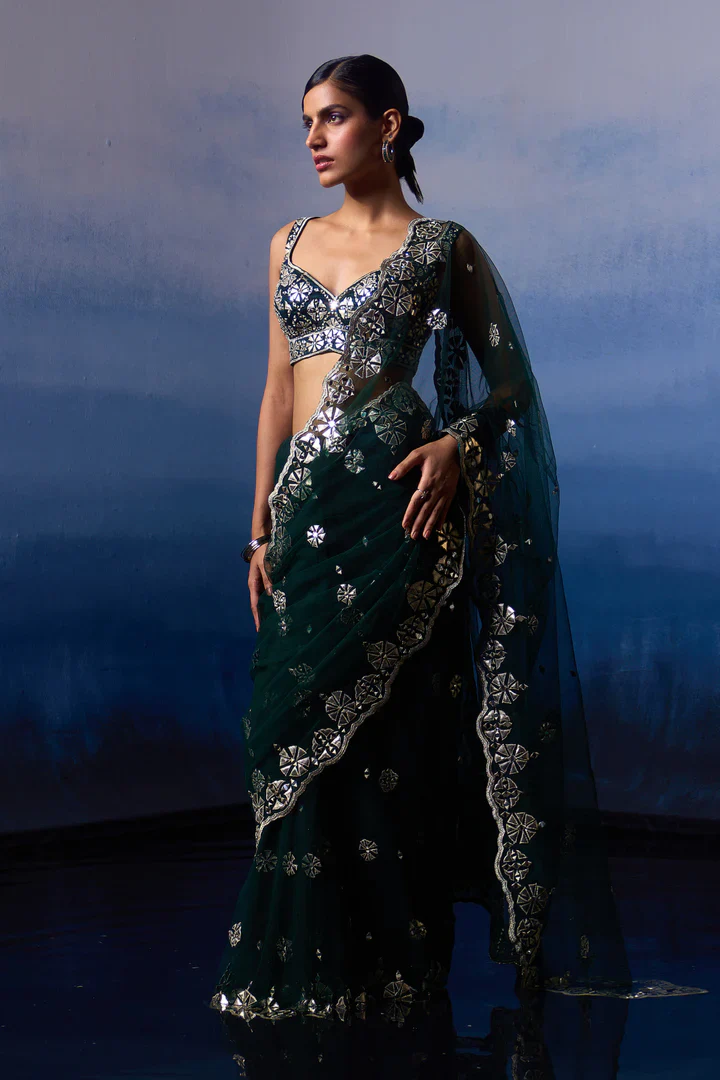 Green Net Saree - Image 2