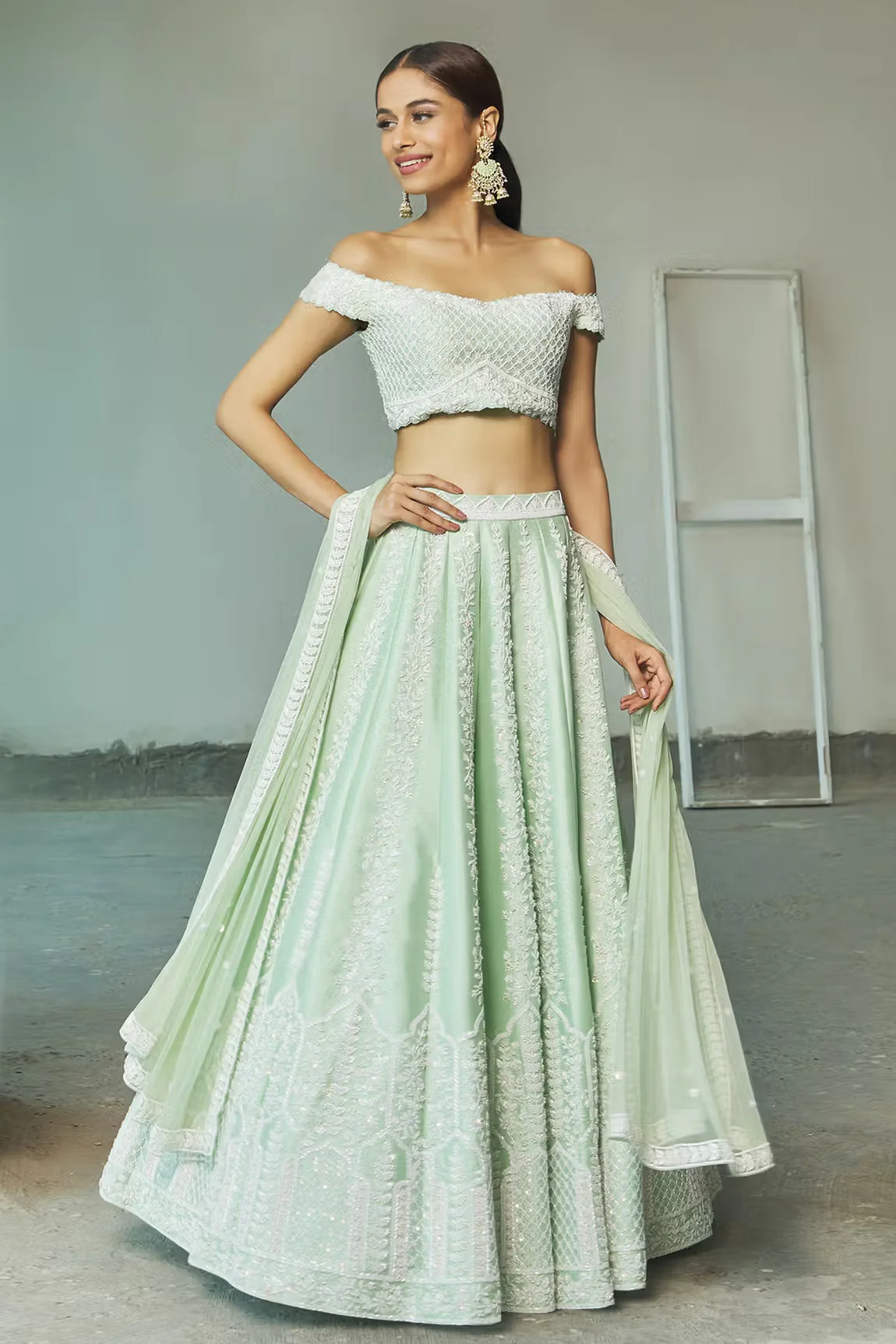Green Off Shoulder Embroidered Lehenga Set