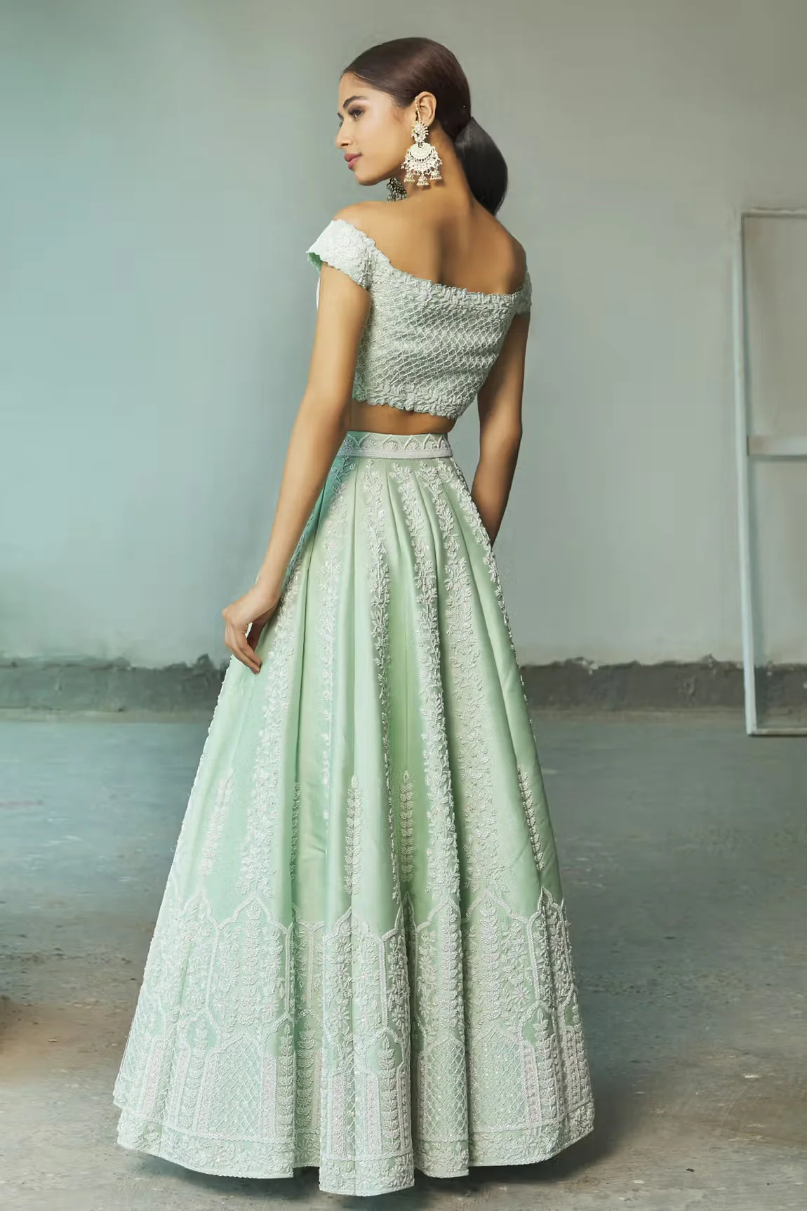 Green Off Shoulder Embroidered Lehenga Set - Image 2