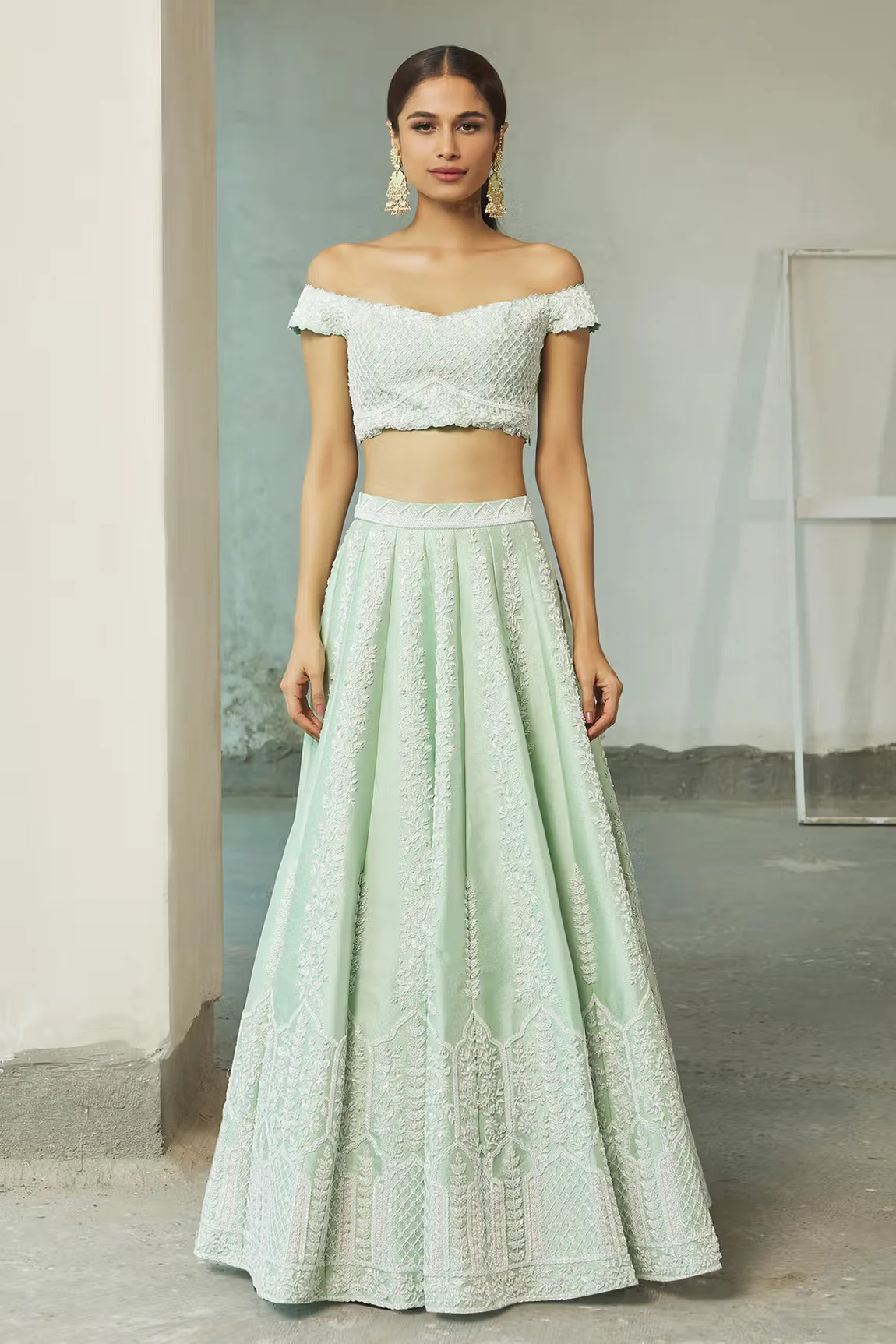 Green Off Shoulder Embroidered Lehenga Set - Image 3