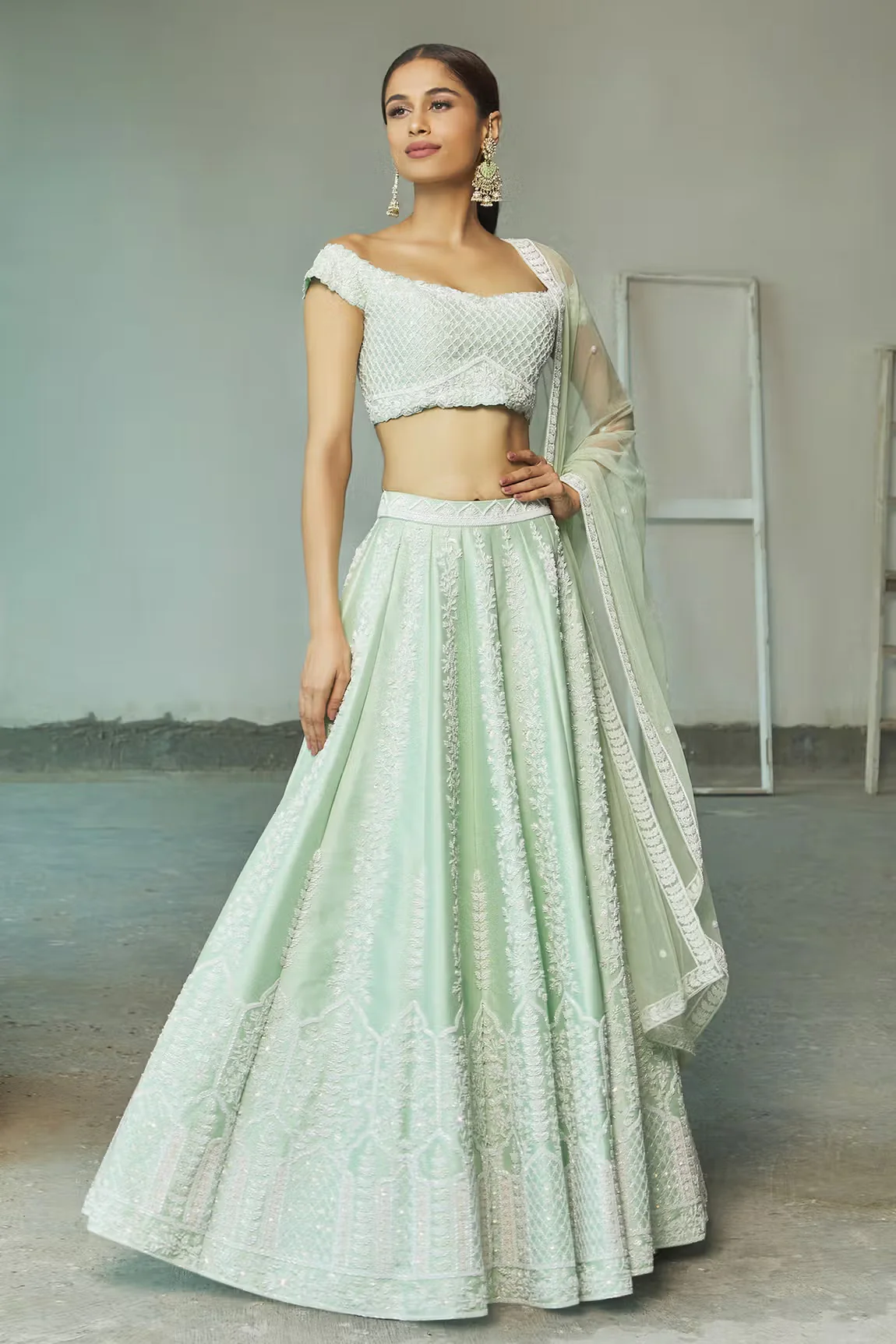 Green Off Shoulder Embroidered Lehenga Set - Image 4