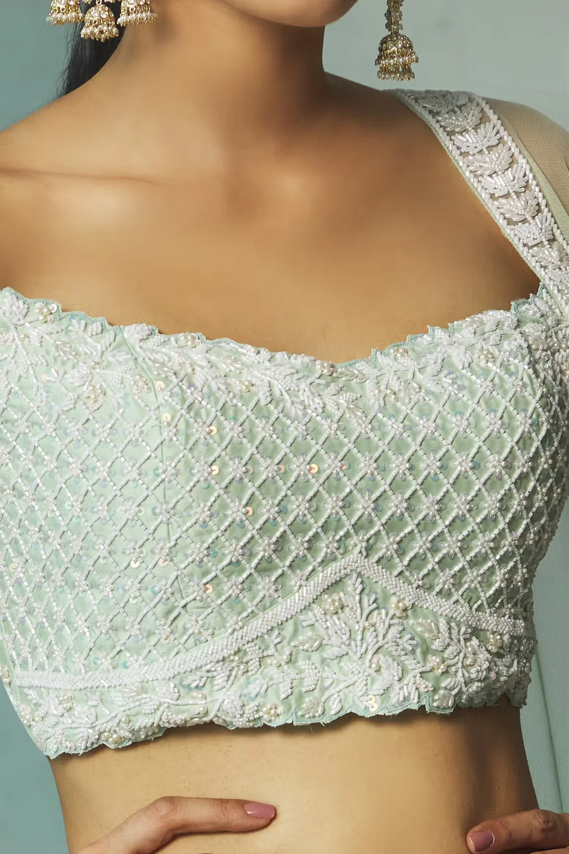 Green Off Shoulder Embroidered Lehenga Set - Image 6