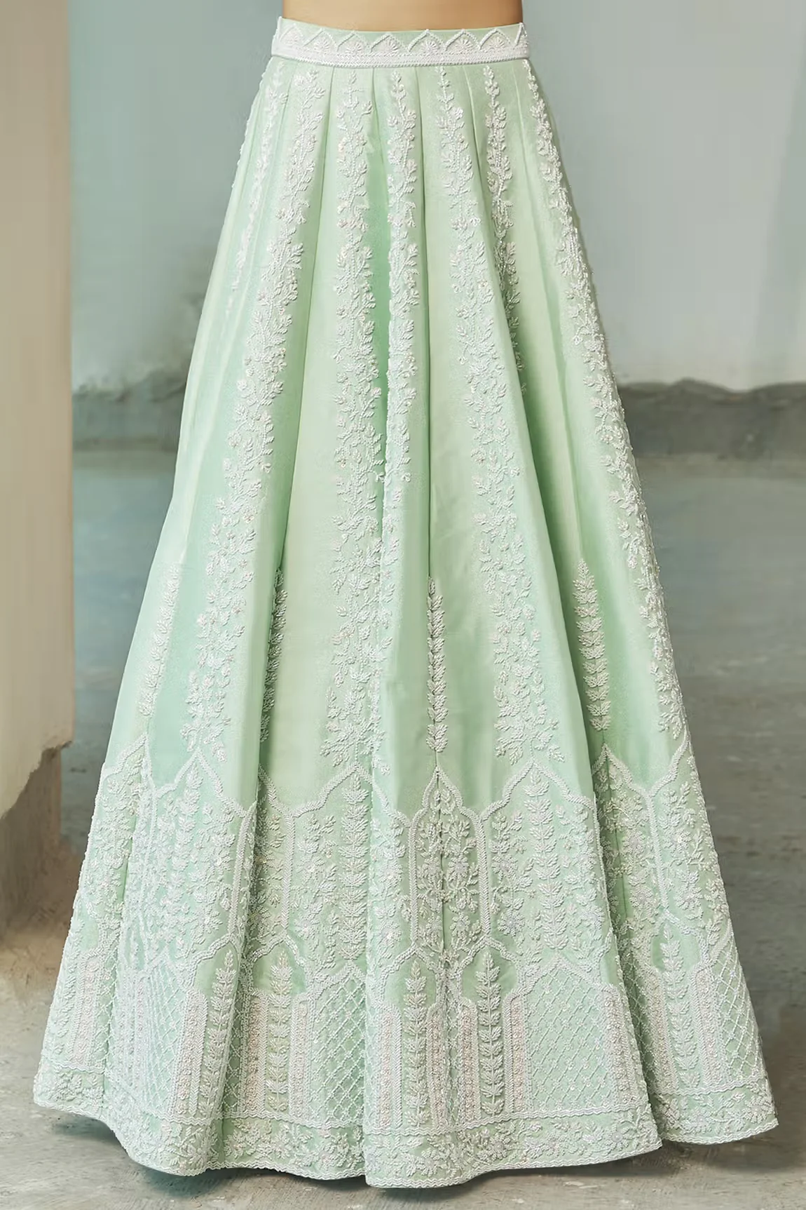 Green Off Shoulder Embroidered Lehenga Set - Image 7