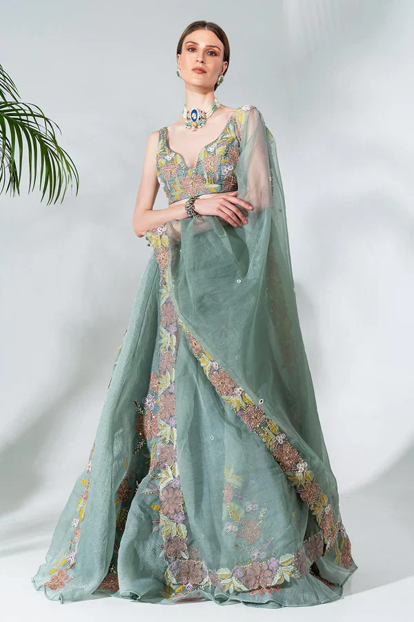 Green Organza Floral Applique Lehenga Set - Image 2