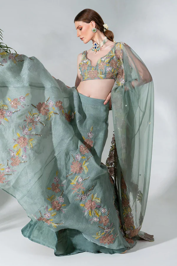 Green Organza Floral Applique Lehenga Set - Image 3