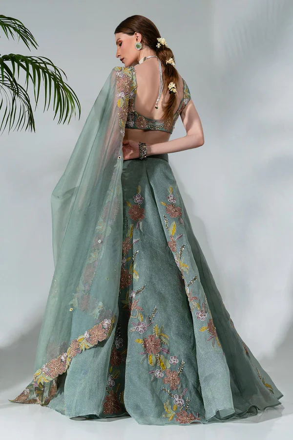 Green Organza Floral Applique Lehenga Set - Image 4