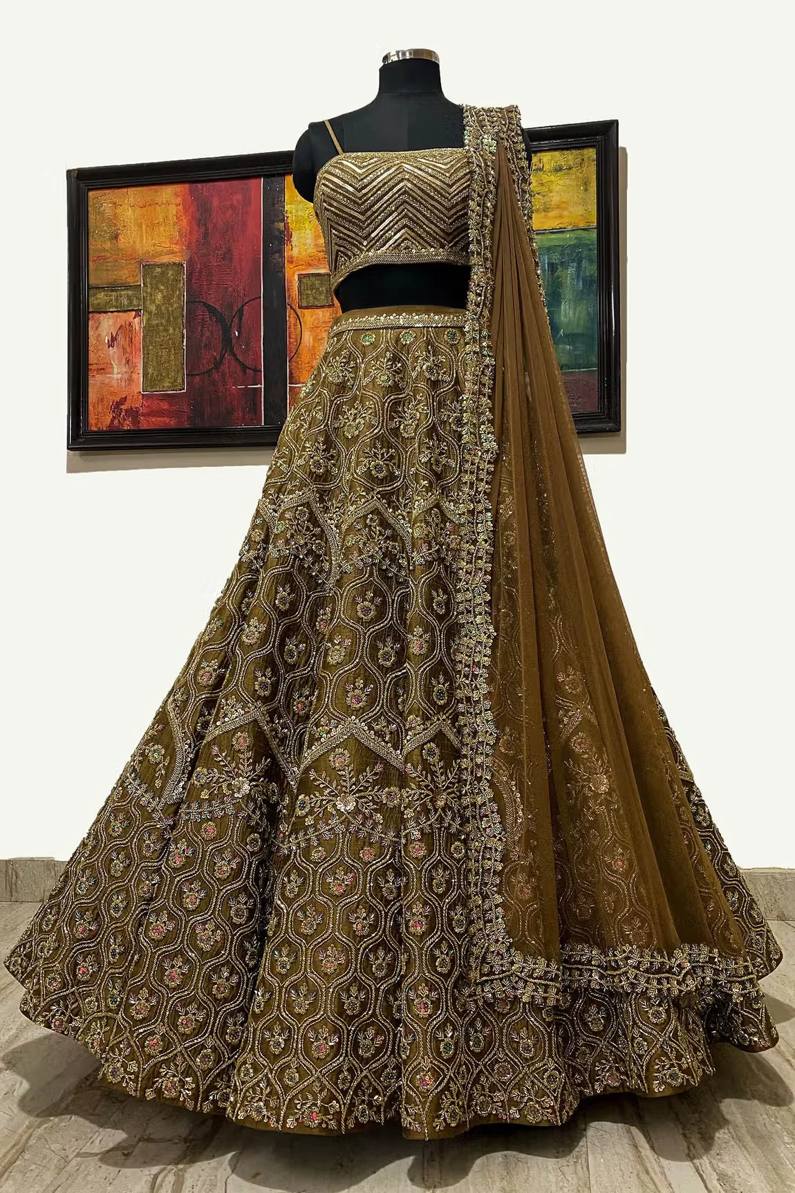 Green Raw Silk Embroidered Lehenga Set - Image 3