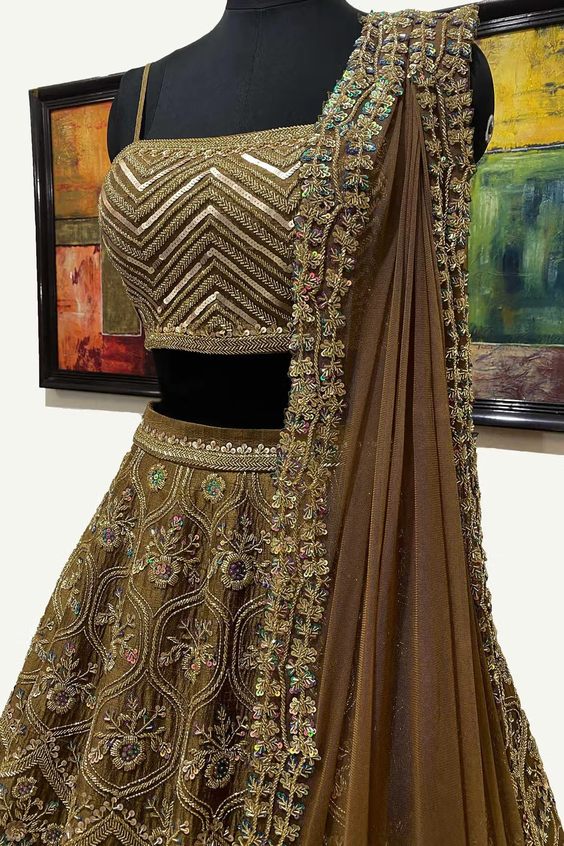 Green Raw Silk Embroidered Lehenga Set - Image 5