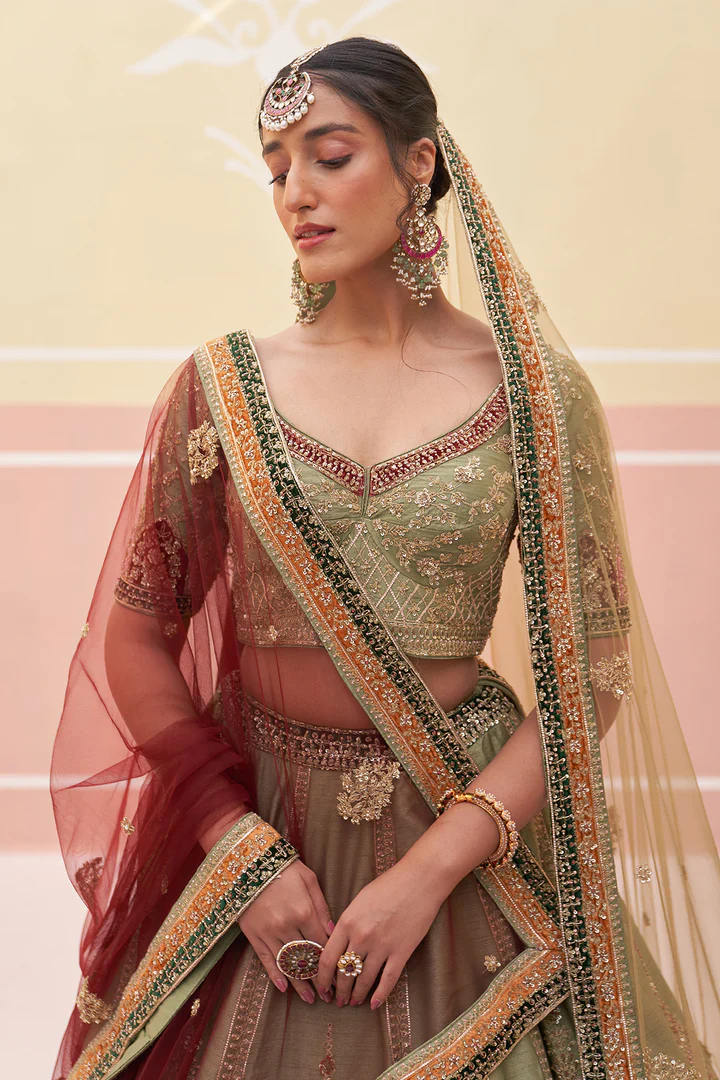 Green Raw Silk Lehnga Set - Image 5