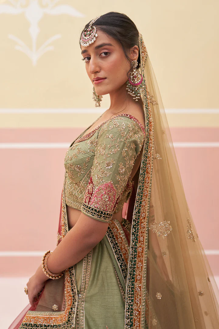 Green Raw Silk Lehnga Set - Image 9