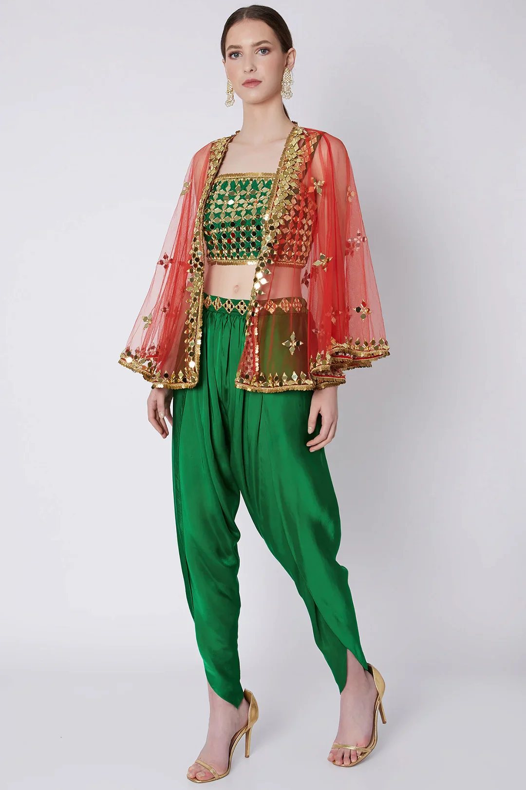 Green & Red Embroidered Dhoti Set