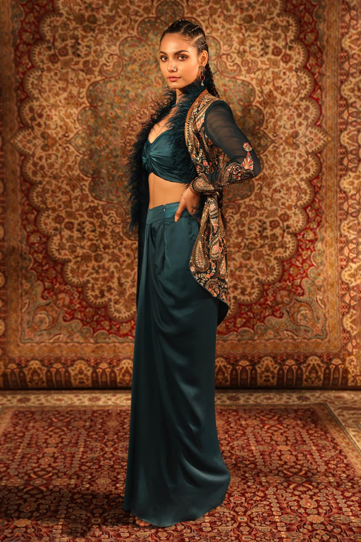 Green Satin Asymmetric Embroidered Jacket Draped Skirt Set - Image 2