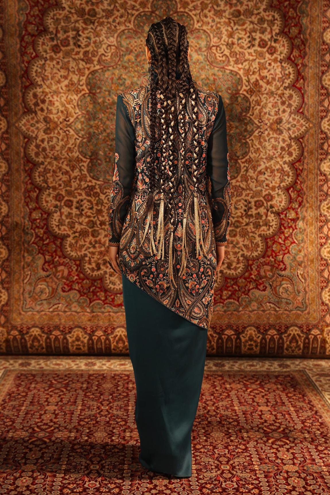 Green Satin Asymmetric Embroidered Jacket Draped Skirt Set - Image 3