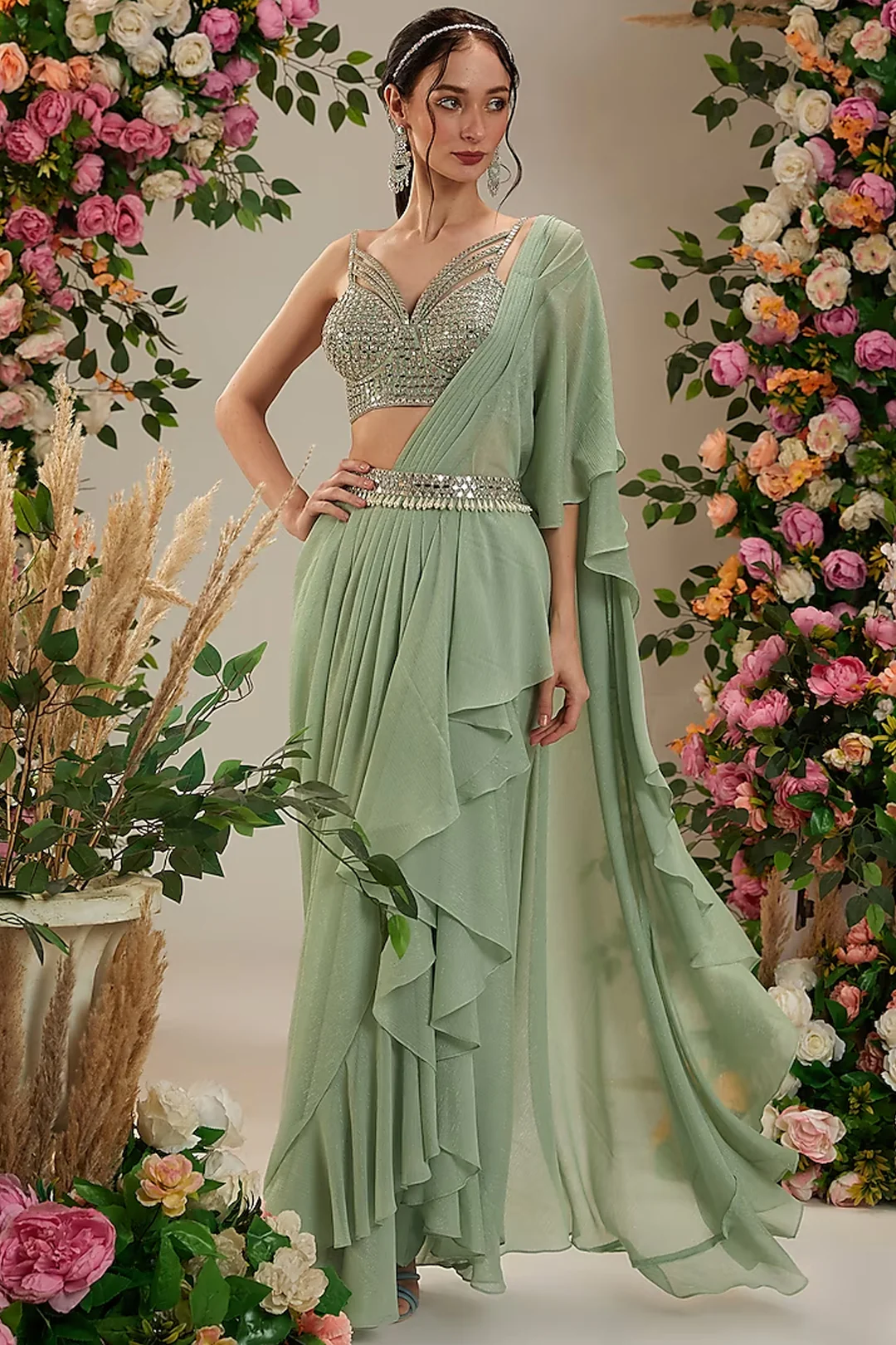 Green Shimmer Georgette Draped Saree Set