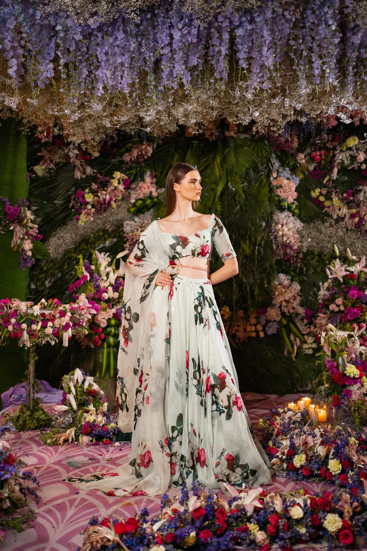 Green Silk Organza Floral Print Lehenga Set - Image 3