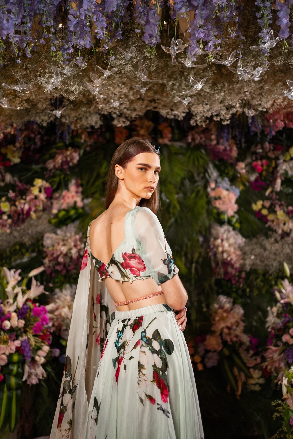 Green Silk Organza Floral Print Lehenga Set - Image 4
