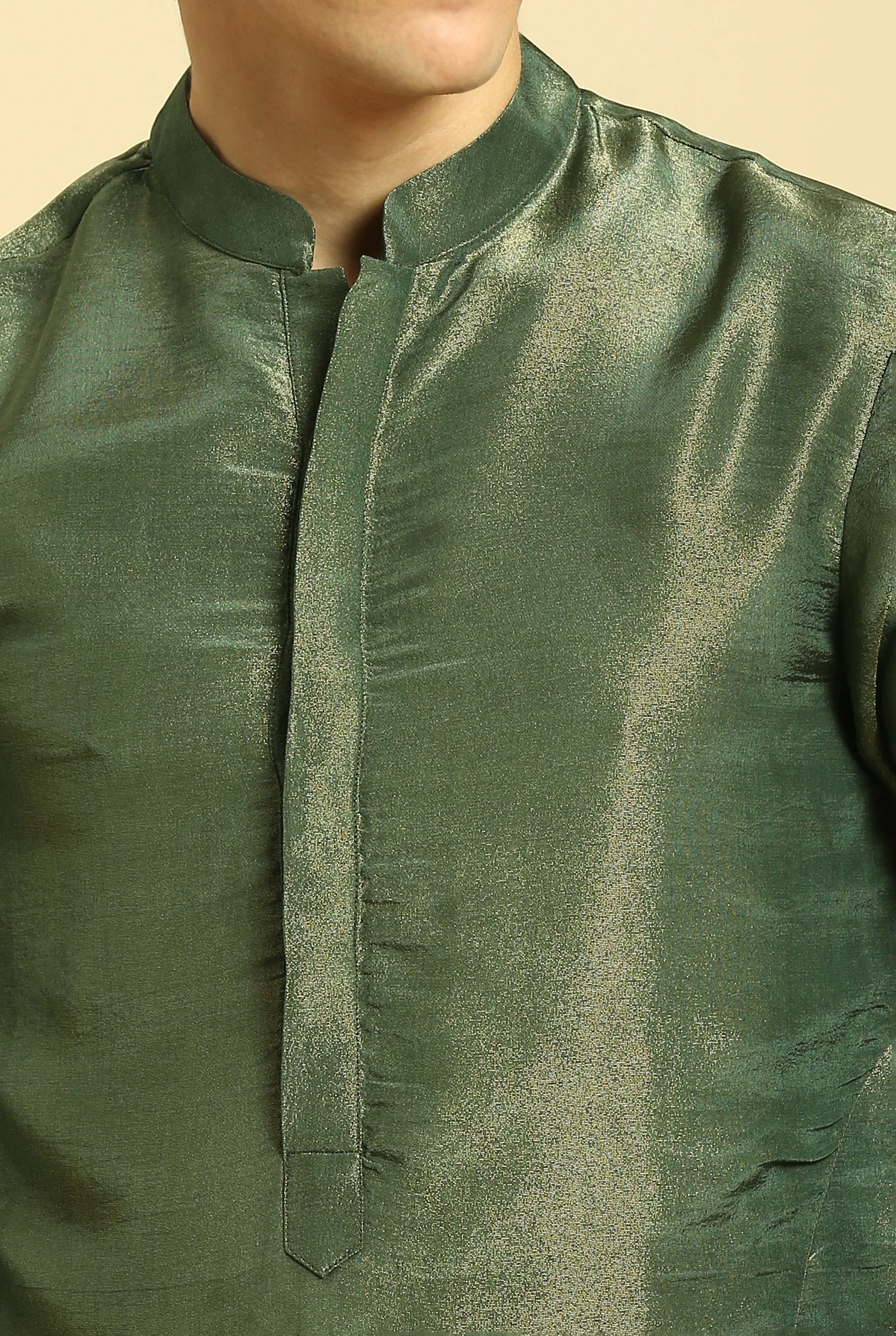 Green Tissue Kurta With Cream Silk Pant With Green Colour Block Dupatta - Image 4