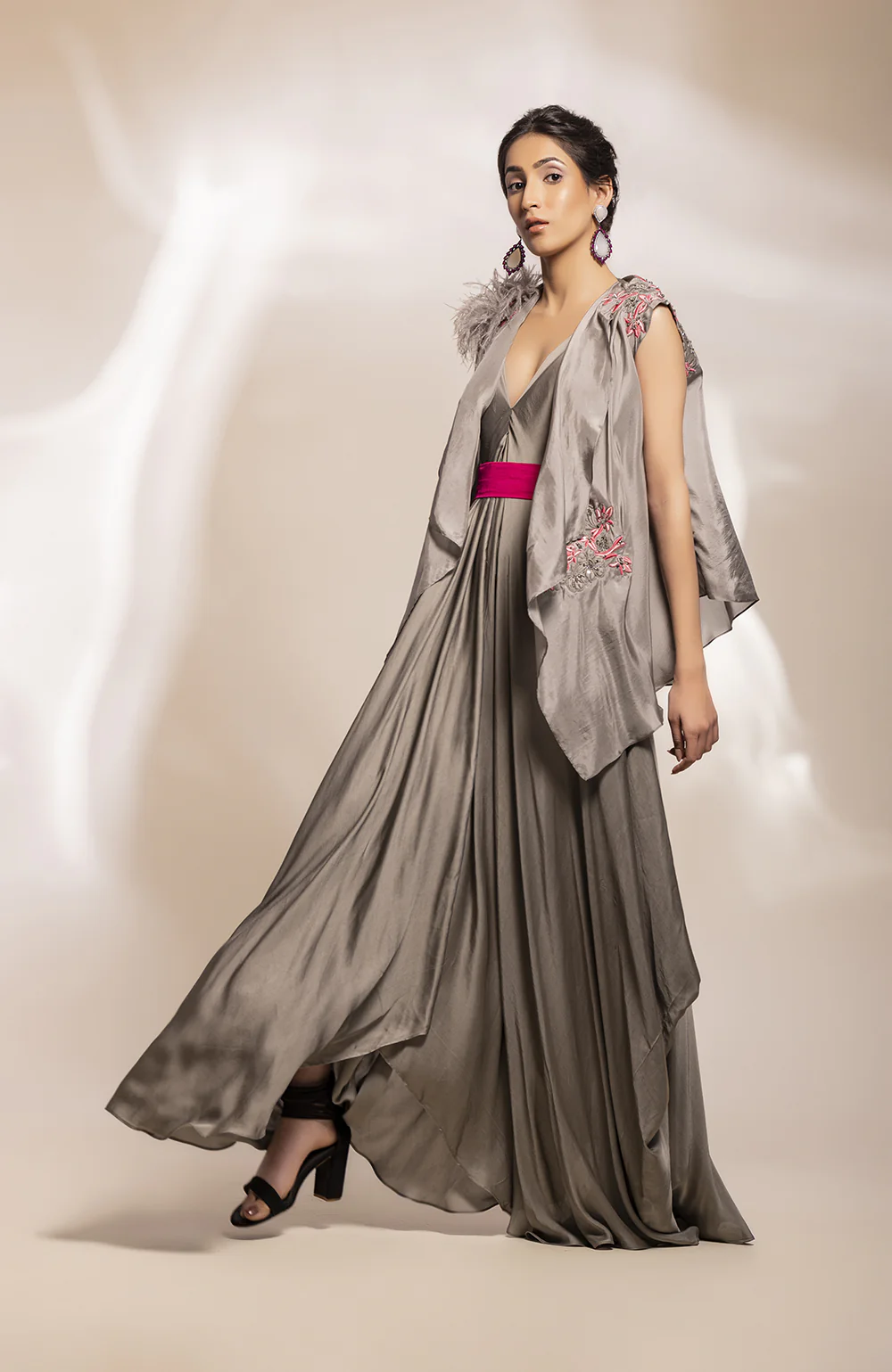 Grey Drape Dress With An Overlay Jacket - Image 2