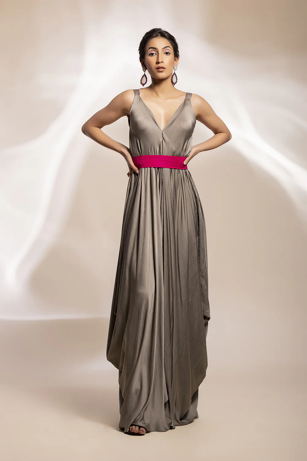 Grey Drape Dress With An Overlay Jacket - Image 3