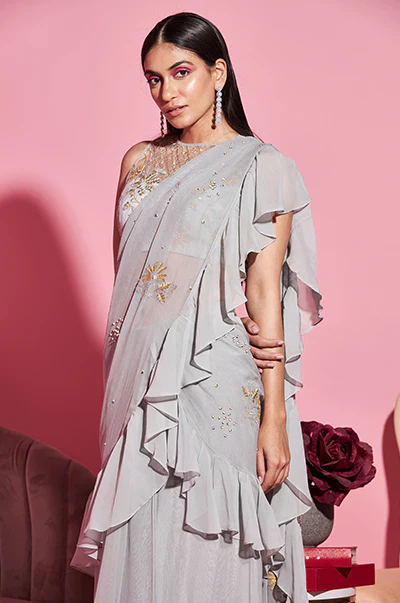 Grey Embroidered Ruffle Saree And Blouse - Image 3