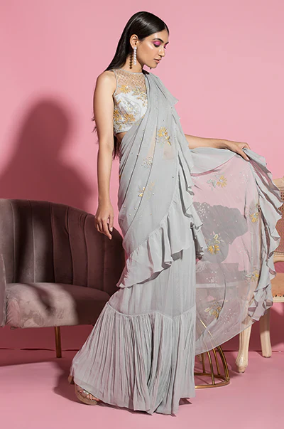Grey Embroidered Ruffle Saree And Blouse - Image 4