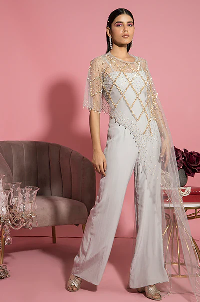 Grey Jumpsuit With Asymmetrical Cape - Image 2