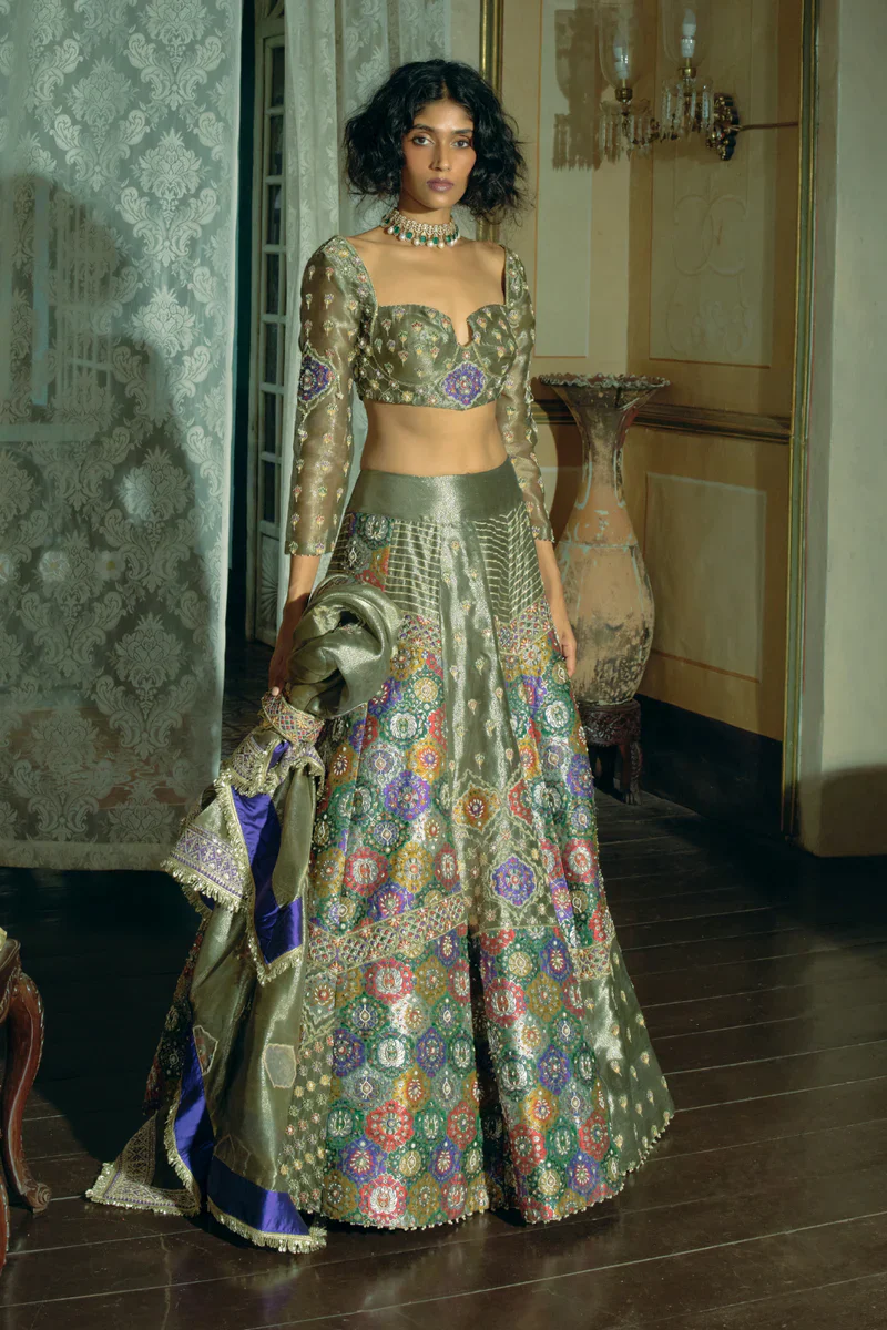 Grey Silk Zari-Tissue Lehenga Set