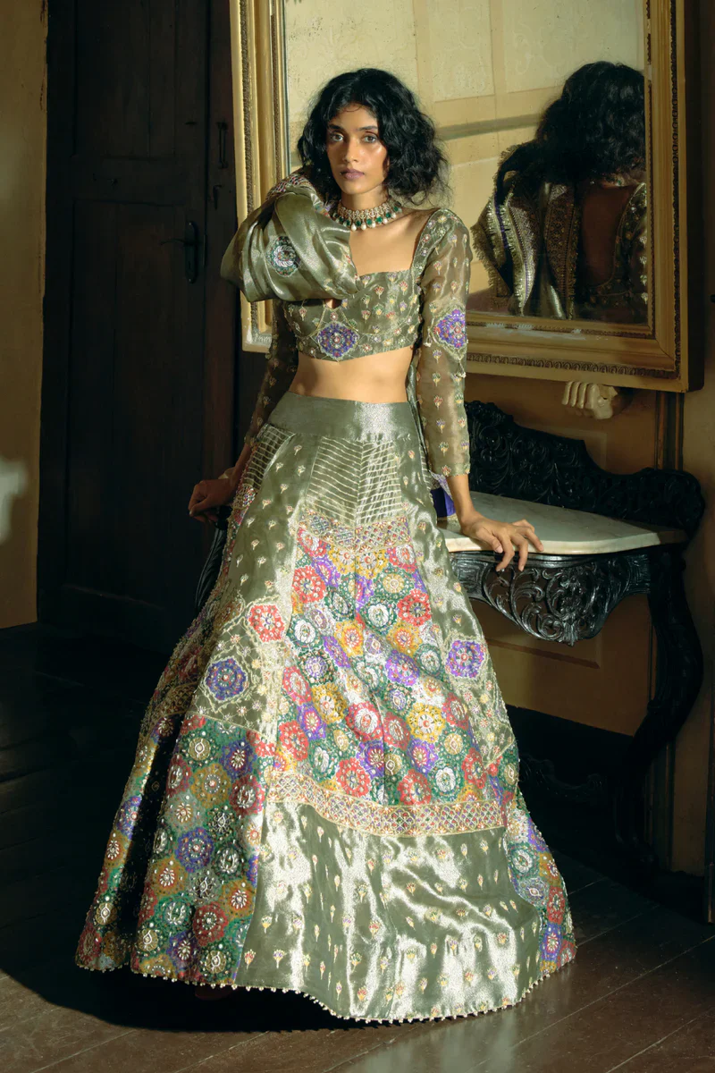 Grey Silk Zari-Tissue Lehenga Set - Image 4