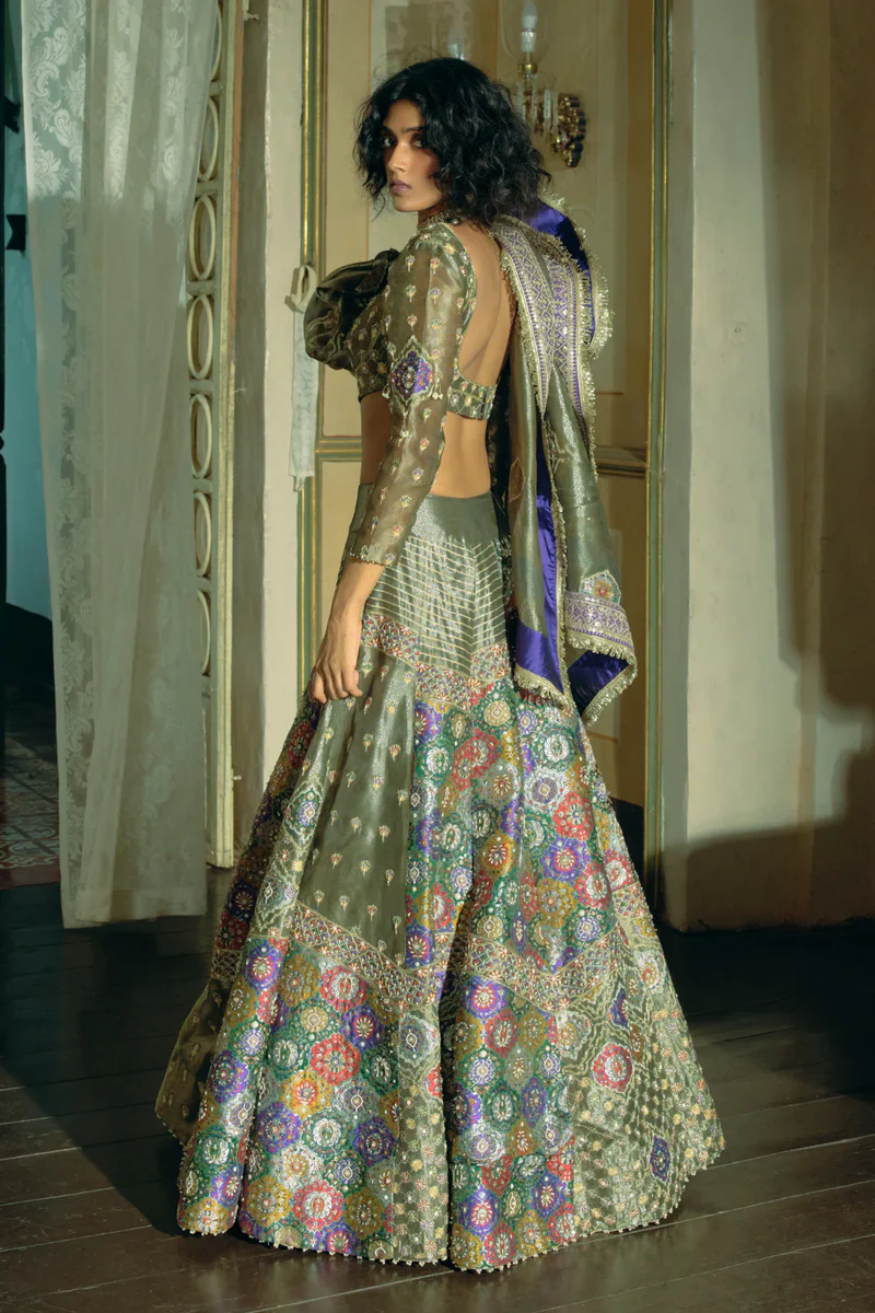 Grey Silk Zari-Tissue Lehenga Set - Image 5