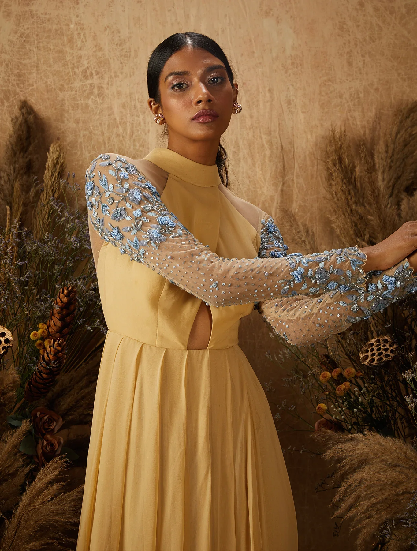 HALLE - Beige Overlap Pleated Georgette Kurta - Image 3