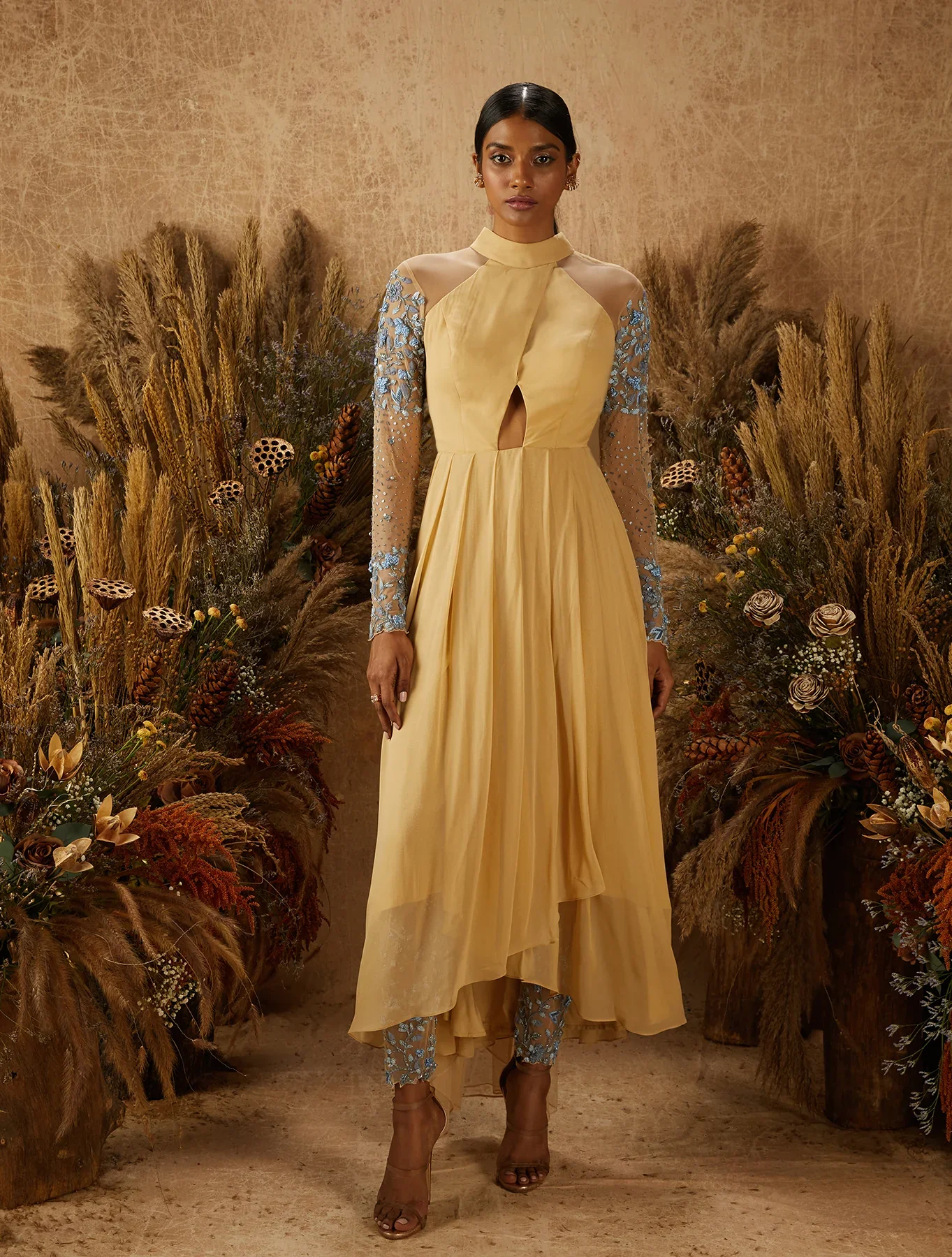 HALLE - Beige Overlap Pleated Georgette Kurta - Image 4