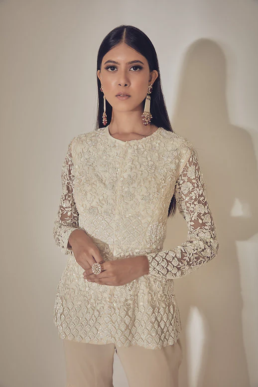 Hand-Embroidered Ecru Peplum Jacket - Image 2